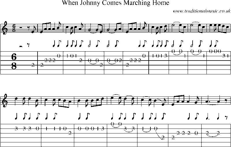 Guitar Tab and Sheet Music for When Johnny Comes Marching Home
