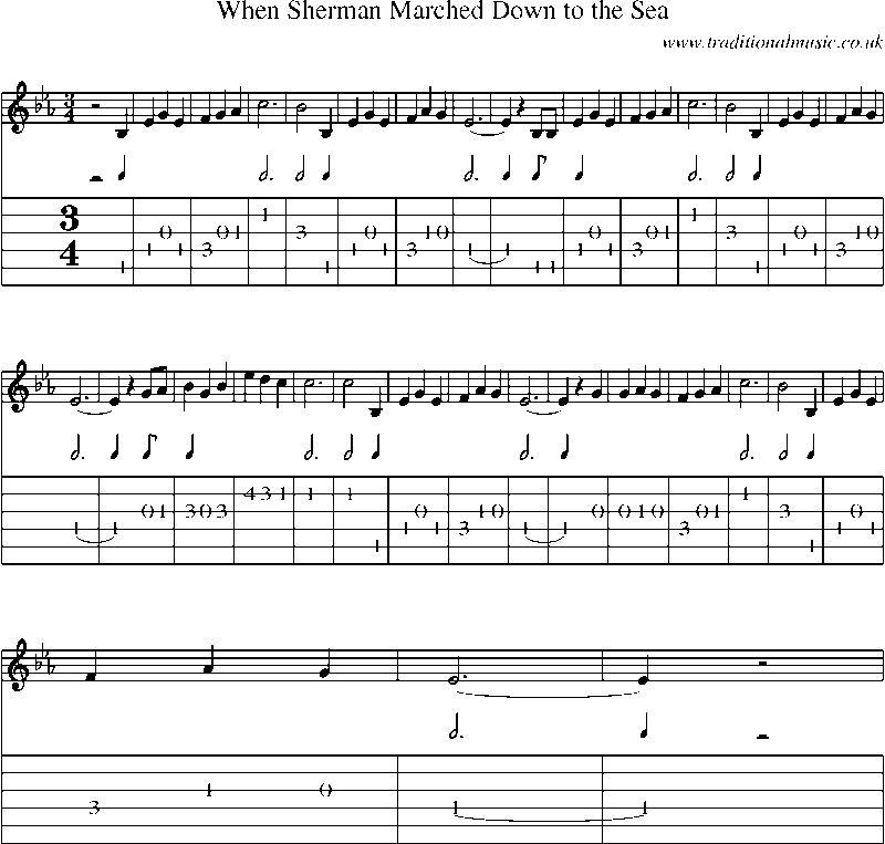 Guitar Tab and Sheet Music for When Sherman Marched Down To The Sea