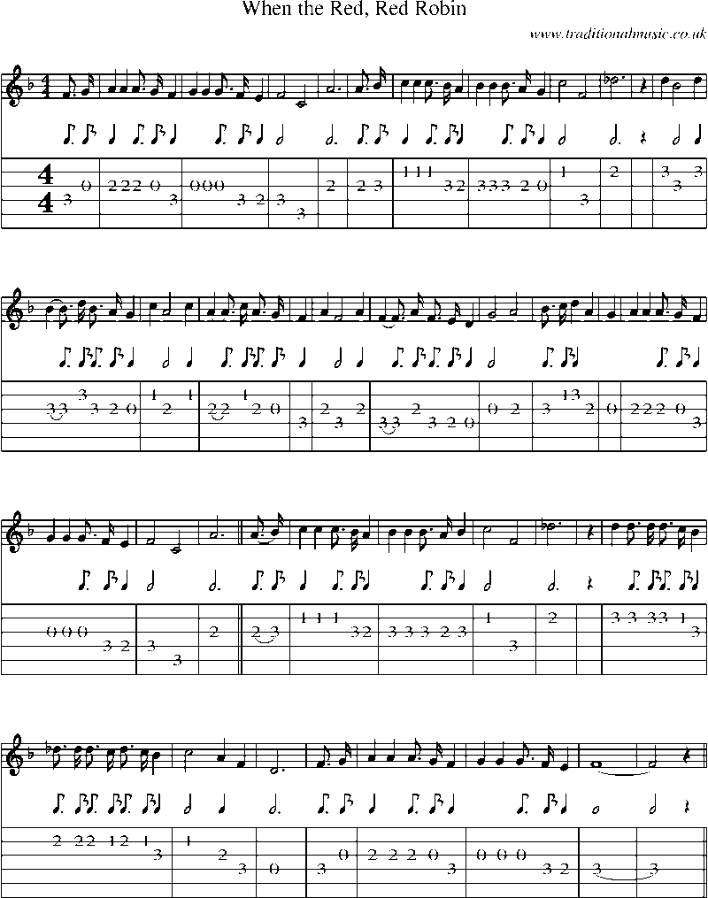 Guitar Tab and Sheet Music for When The Red, Red Robin(1)