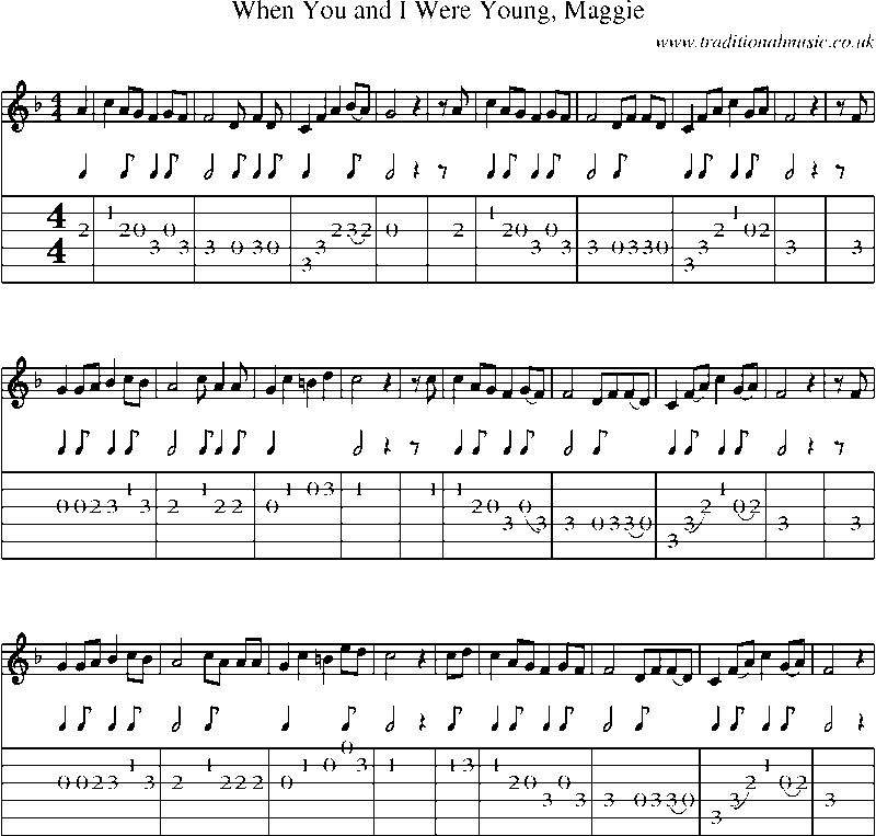 Guitar Tab and Sheet Music for When You And I Were Young, Maggie