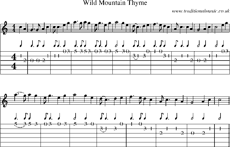 Guitar Tab and Sheet Music for Wild Mountain Thyme