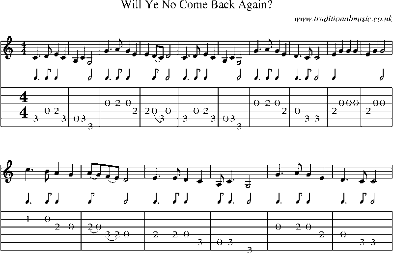 Guitar Tab and Sheet Music for Will Ye No Come Back Again?