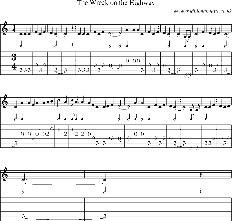 Guitar Tab and Sheet Music for The Wreck On The Highway