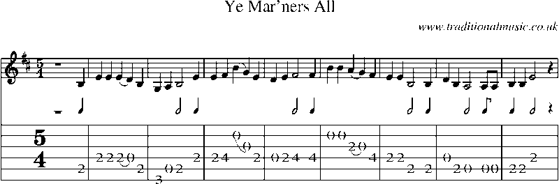 Guitar Tab and Sheet Music for Ye Mar'ners All