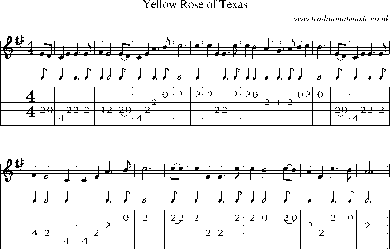 Guitar Tab and Sheet Music for Yellow Rose Of Texas