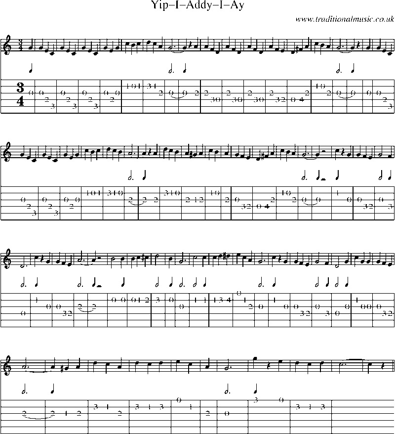 Guitar Tab and Sheet Music for Yip-i-addy-i-ay