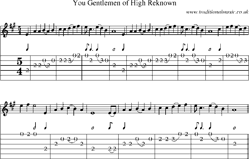Guitar Tab and Sheet Music for You Gentlemen Of High Reknown