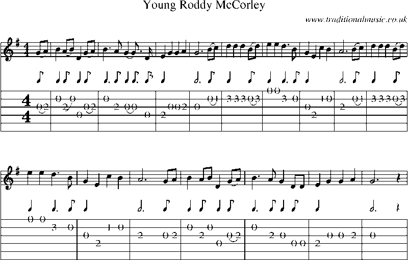 Guitar Tab and Sheet Music for Young Roddy Mccorley