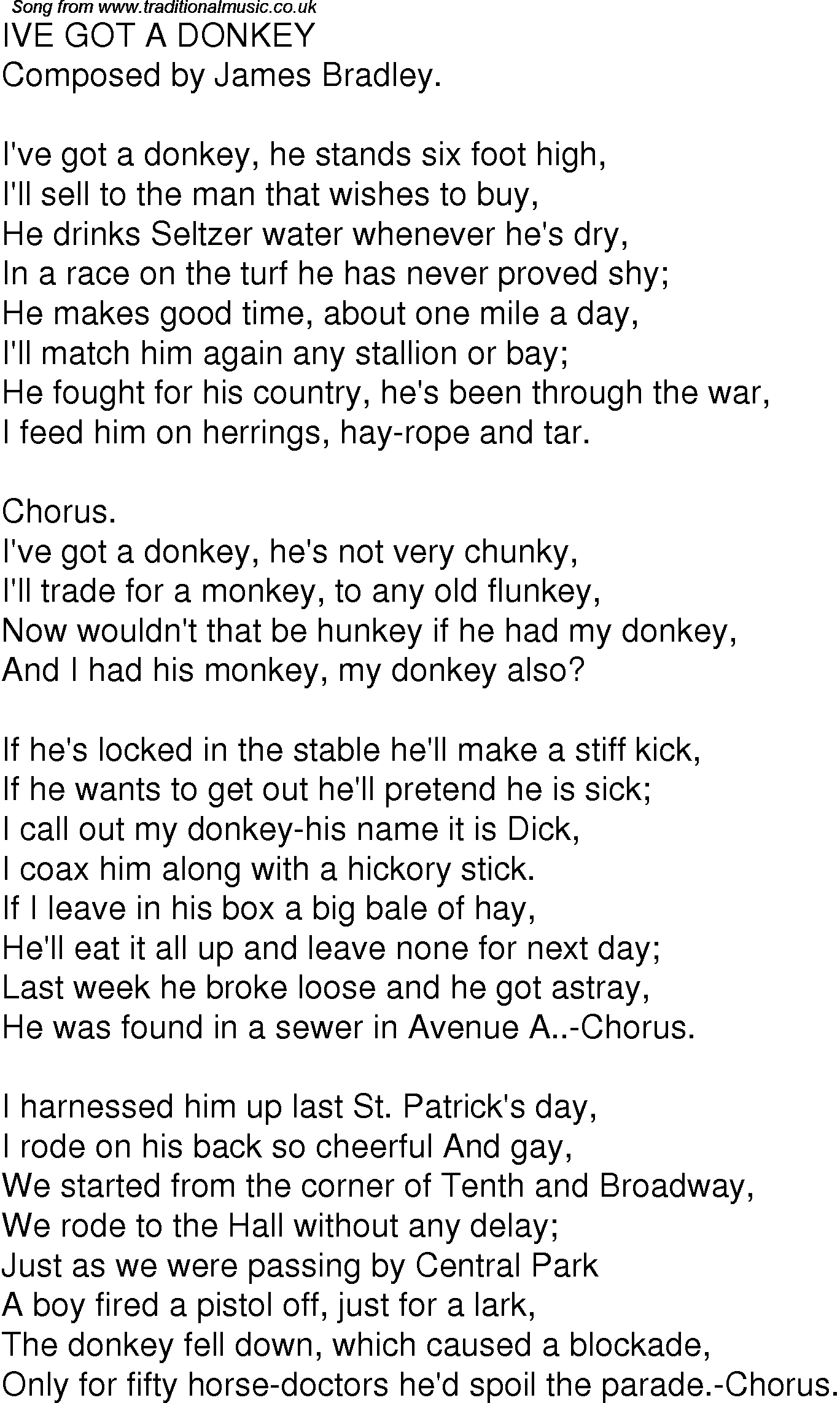 Old Time Song Lyrics for 02 I've Got A Donkey