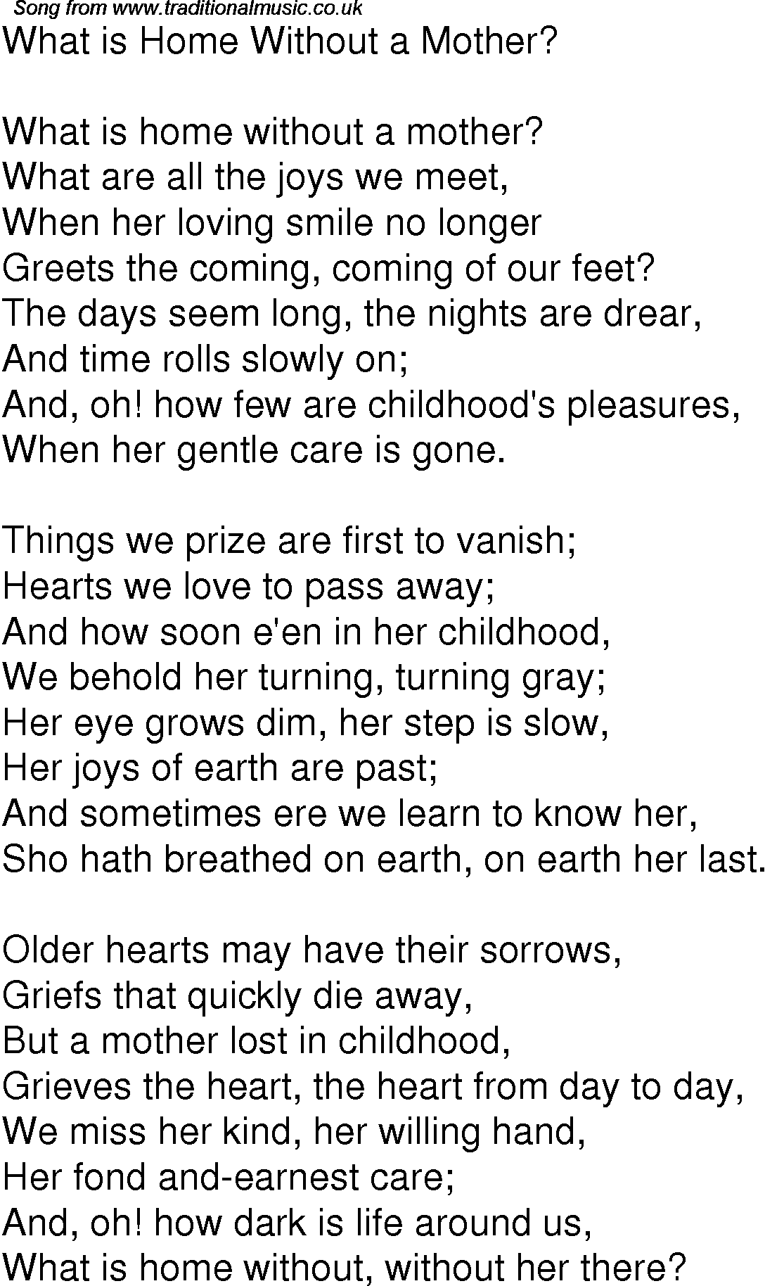 Old Time Song Lyrics For 03 What Is Home Without A Mother