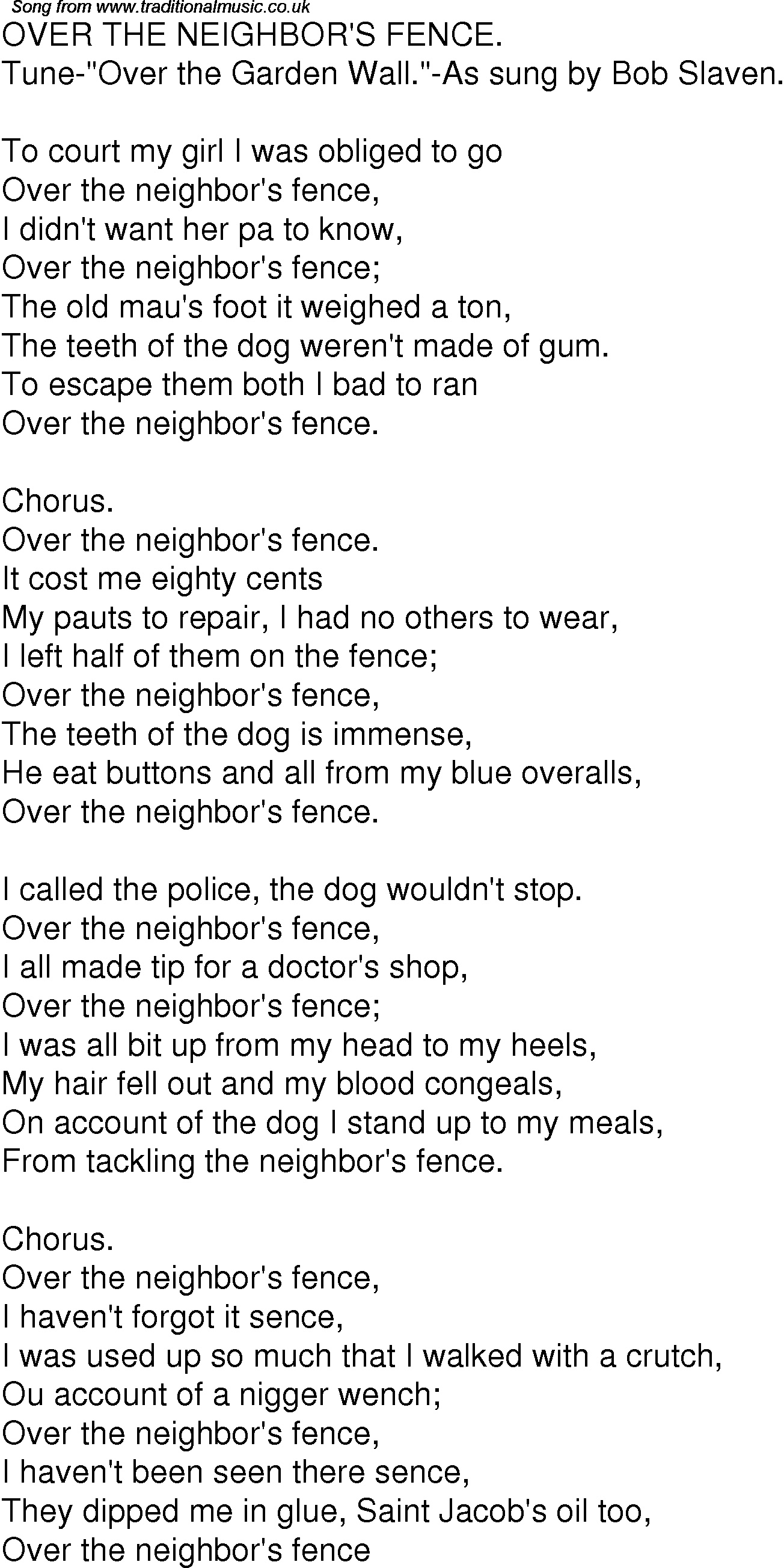 Old Time Song Lyrics For 05 Over The Neighbors Fence