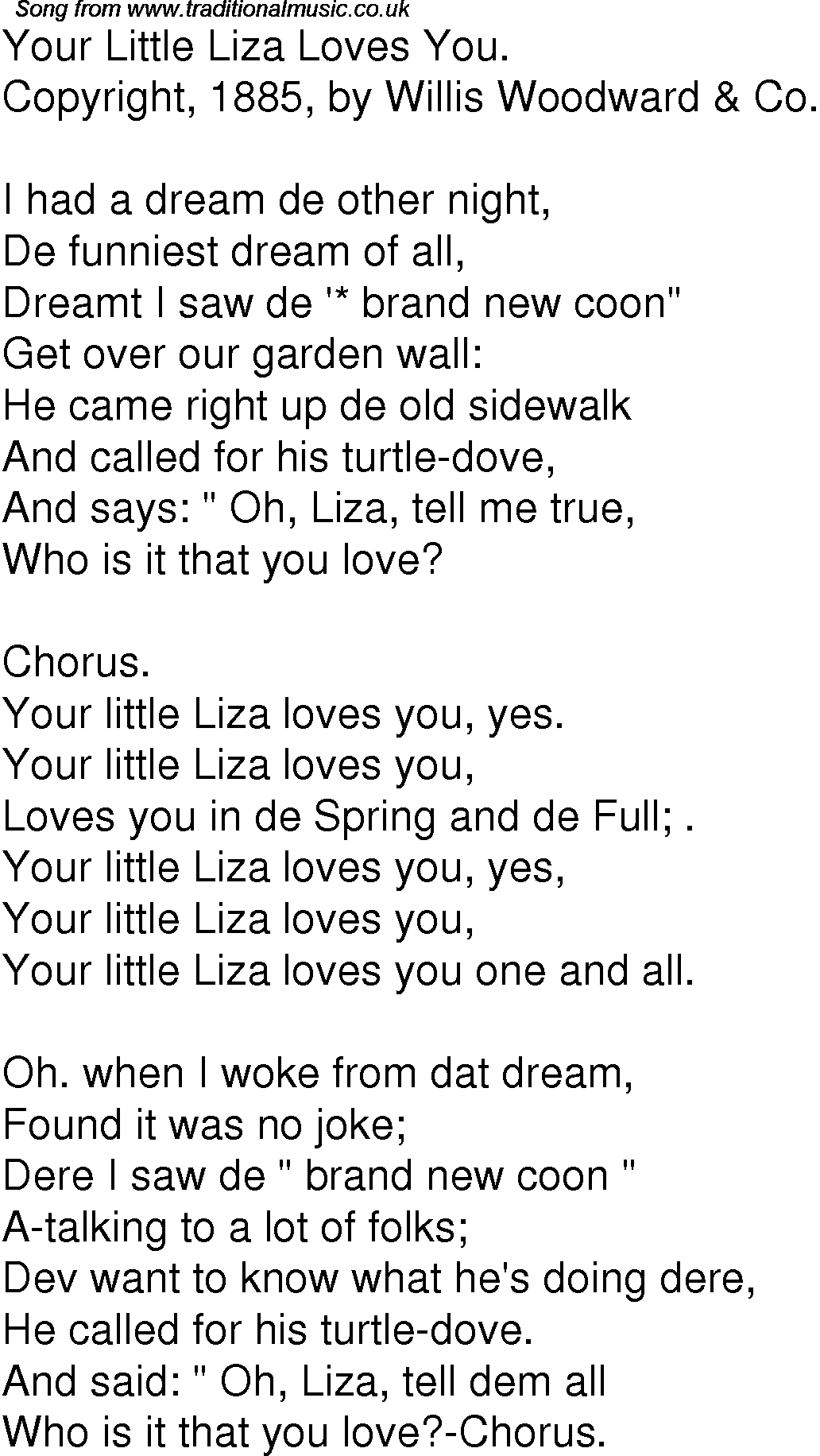 Old Time Song Lyrics For 10 Your Little Liza Loves You