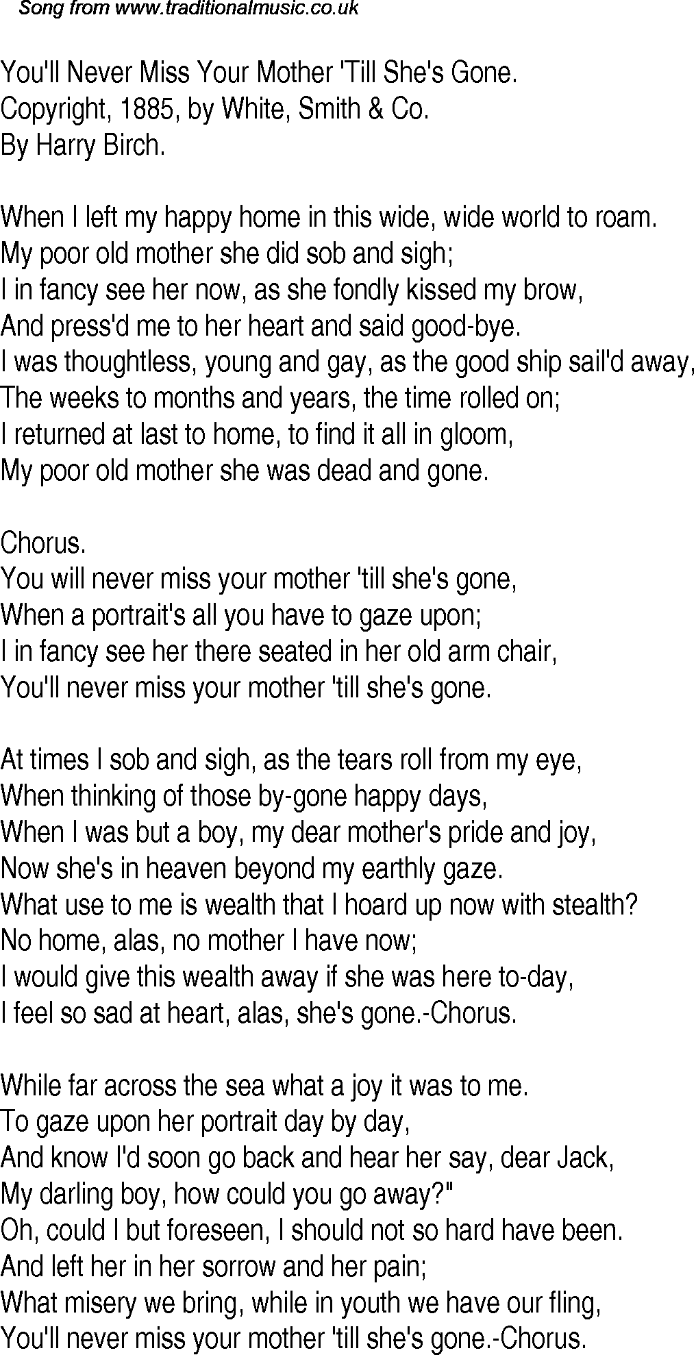 Old Time Song Lyrics for 12 Youll Never Miss Your Mother Till Shes Gone