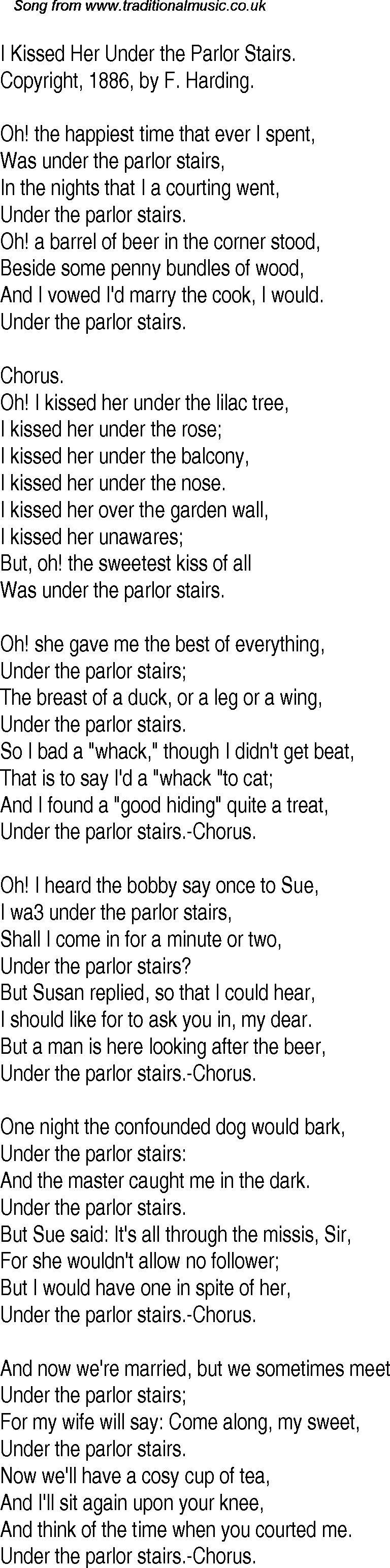 Old Time Song Lyrics For 14 I Kissed Her Under The Parlor Stairs