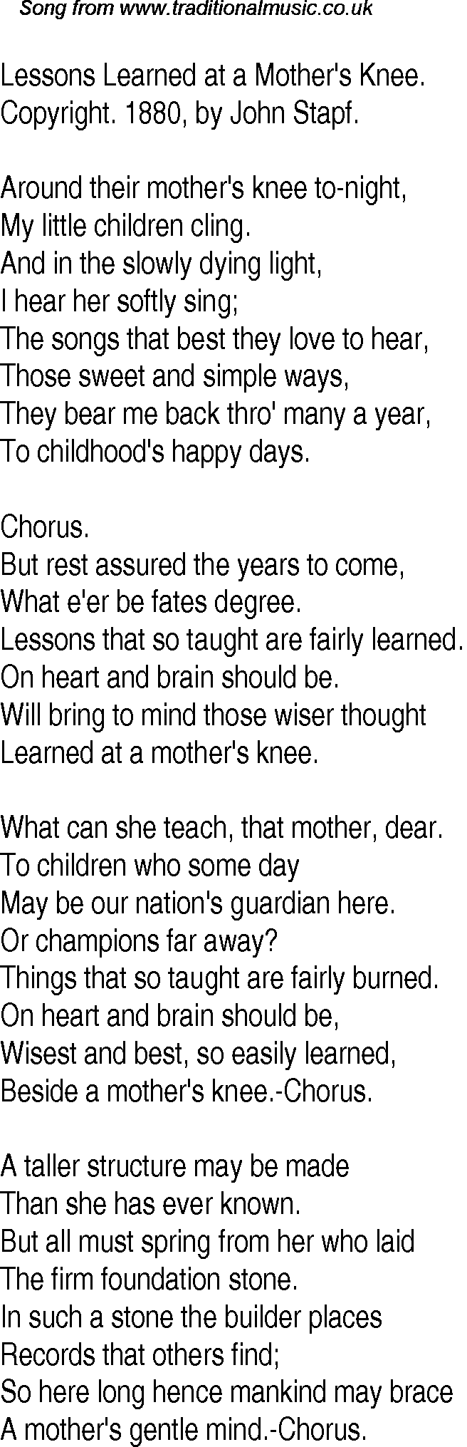 Old Time Song Lyrics For 14 Lessons Learned At A Mothers Knee