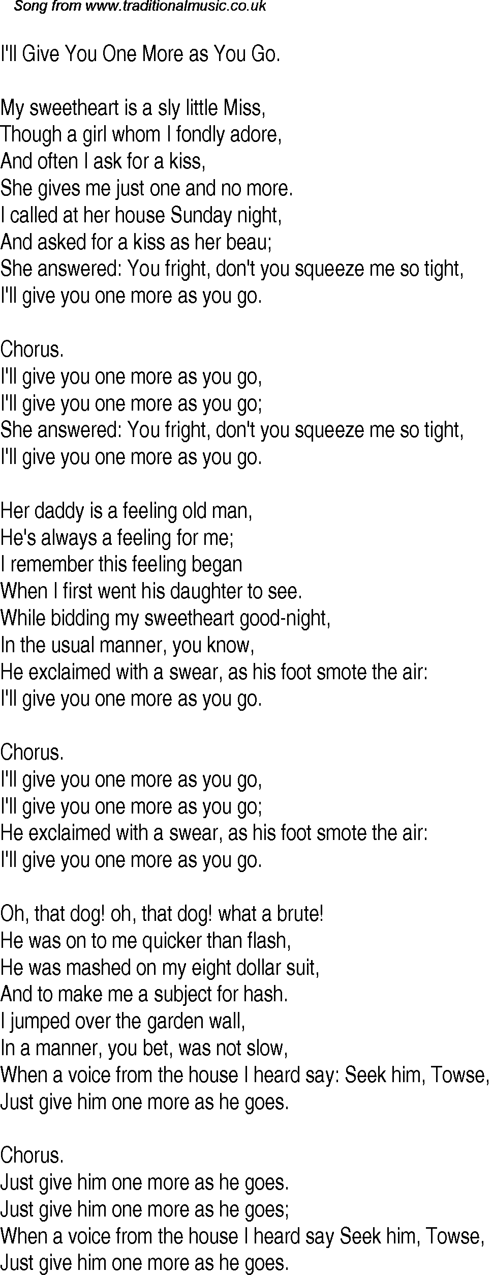 Old Time Song Lyrics For 17 I Ll Give You One More As You Go