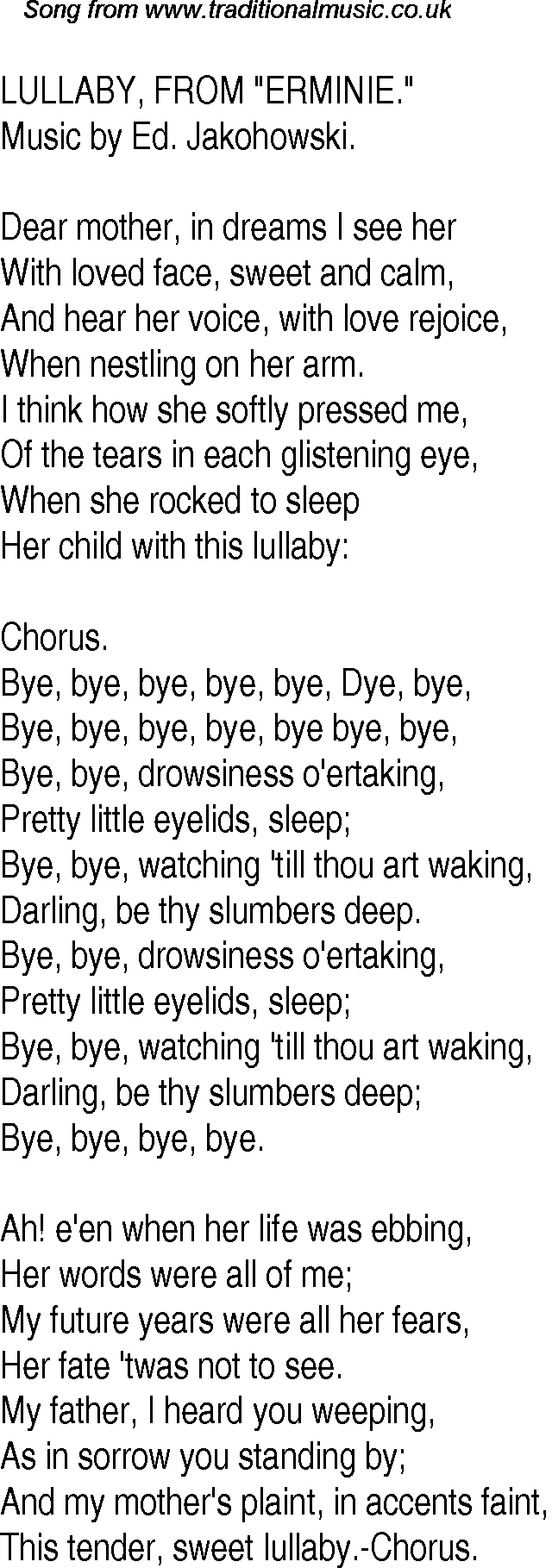 Old Time Song Lyrics for 19 Lullaby, From Erminie