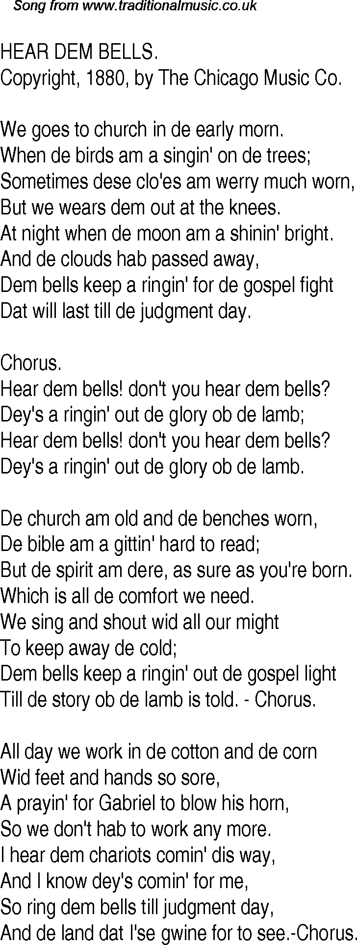 Old Time Song Lyrics for 20 Hear Dem Bells