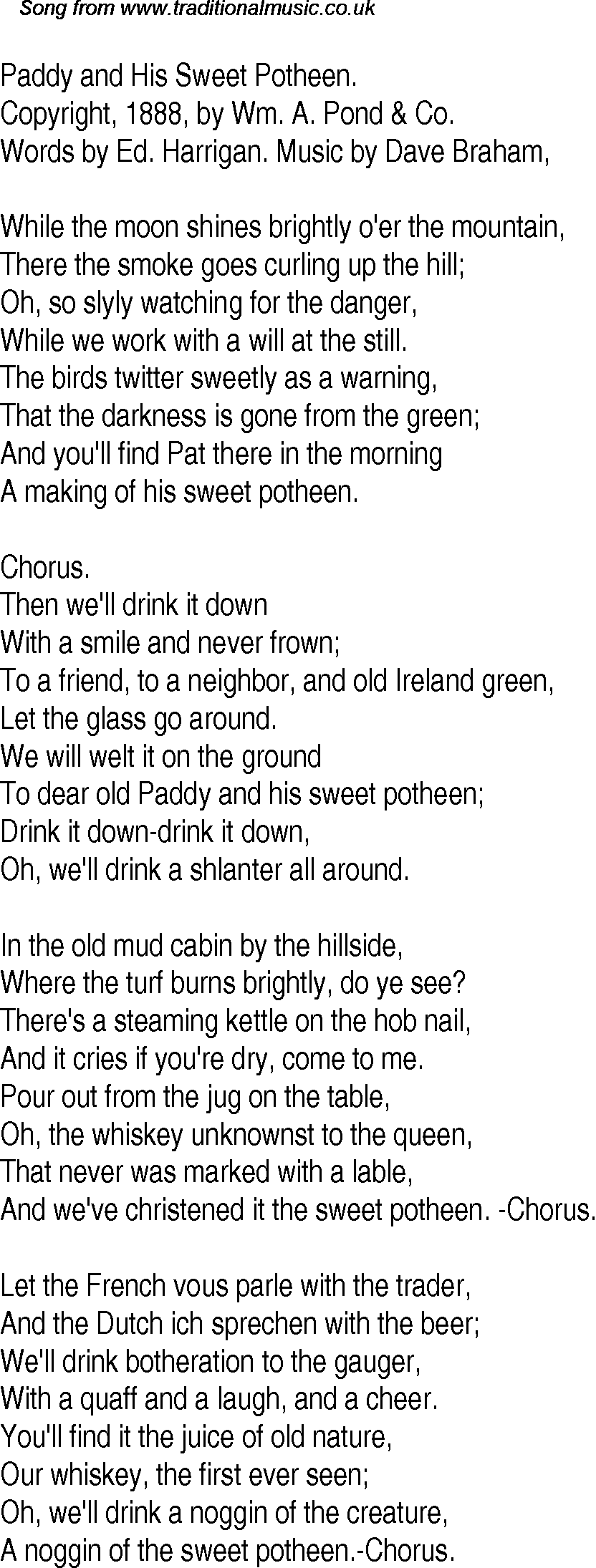 Old Time Song Lyrics For 25 Paddy And His Sweet Potheen