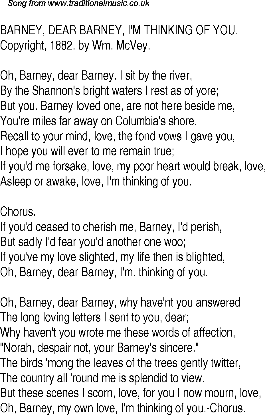 Old Time Song Lyrics 26 Barney Dear Barney I M Thinking Of You