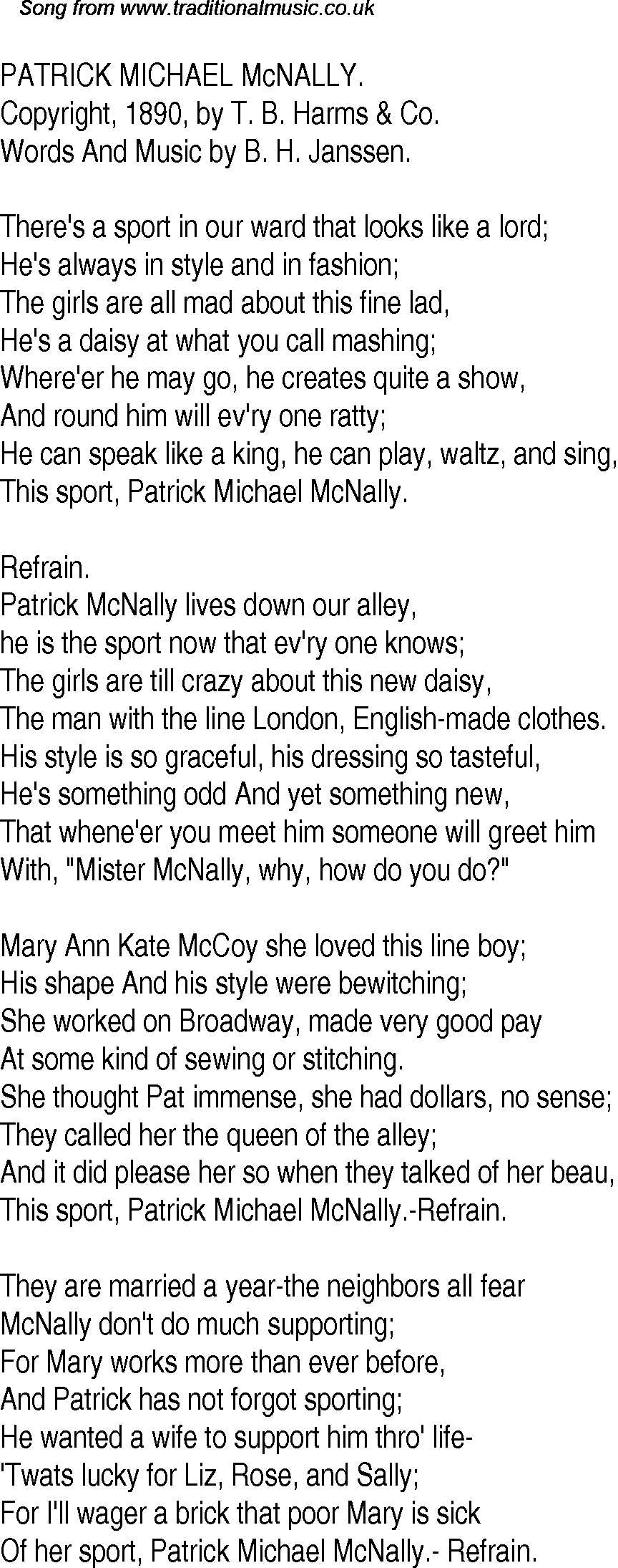 Old Time Song Lyrics For 27 Patrick Michael Mcnally