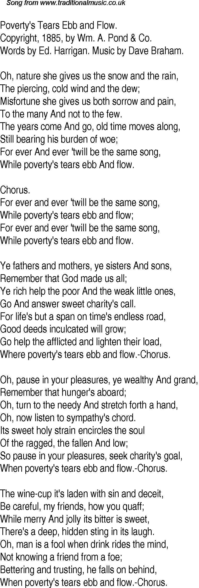 Old Time Song Lyrics For 29 Povertys Tears Ebb And Flow