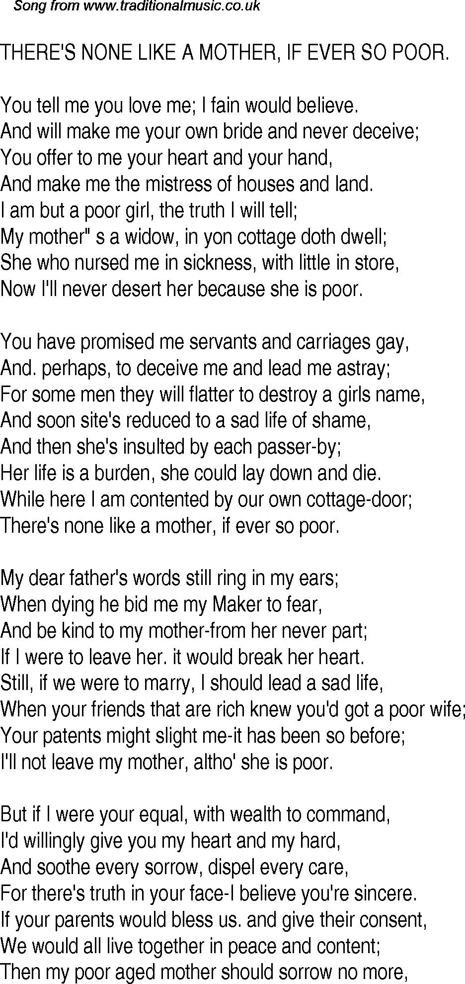American old-time song lyrics for There's None Like A Mother, If Ever So Poor