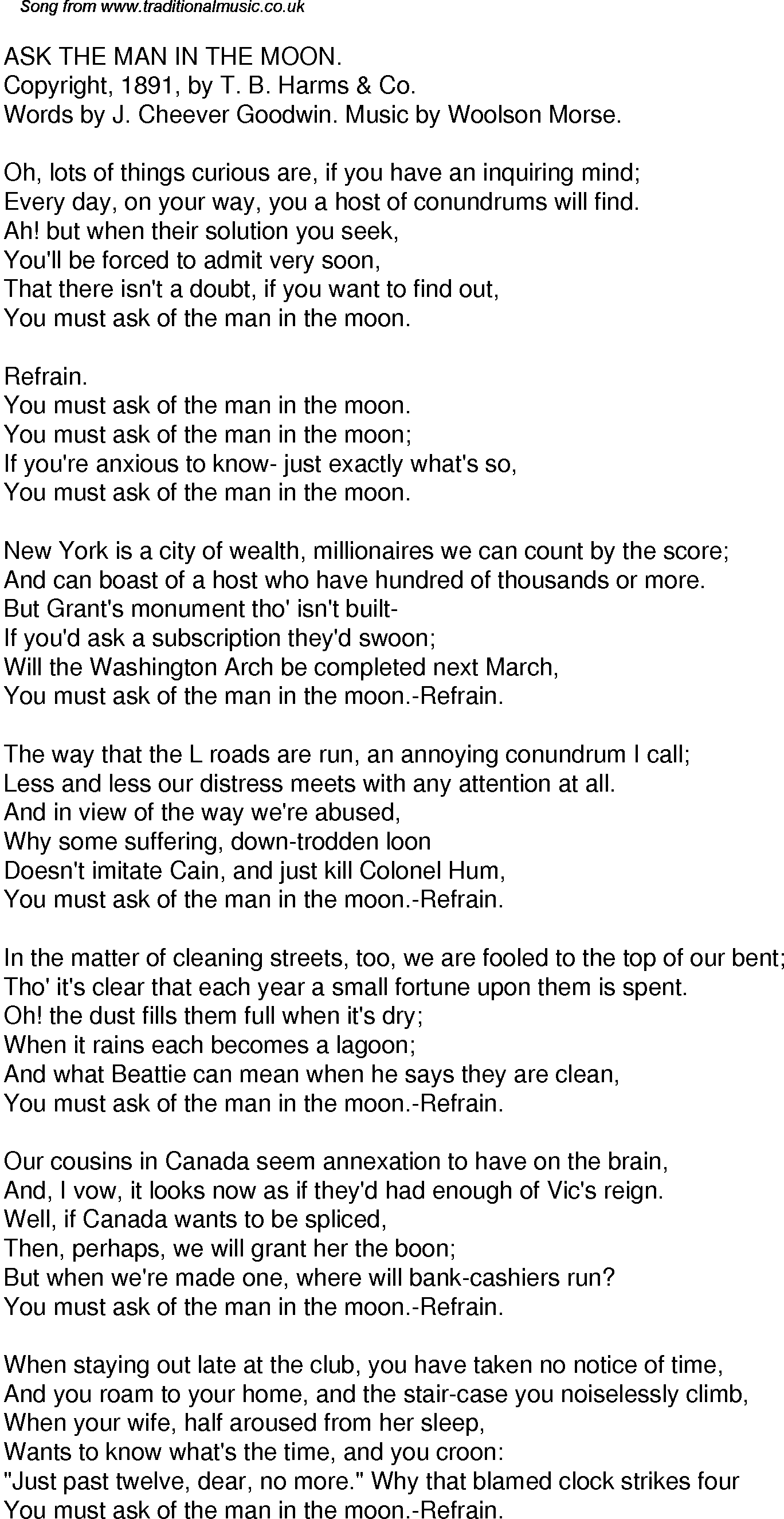 Old Time Song Lyrics for 32 Ask The Man In The Moon