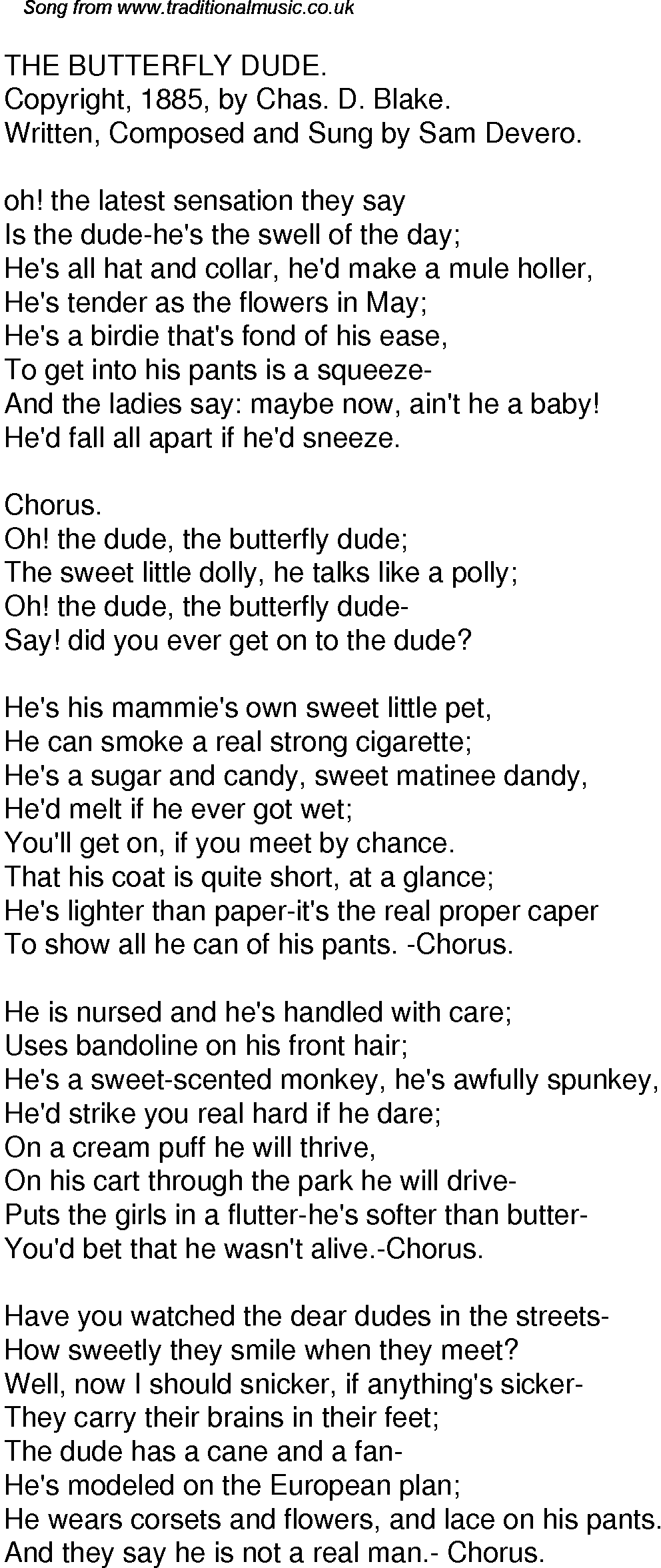 Old Time Song Lyrics For 32 The Butterfly Dude