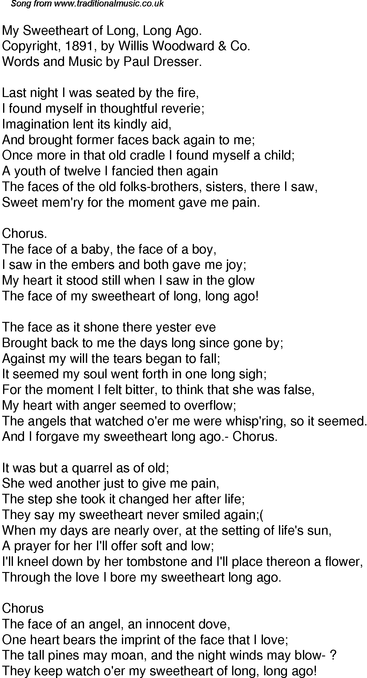 Old Time Song Lyrics For 35 My Sweetheart Of Long Long Ago