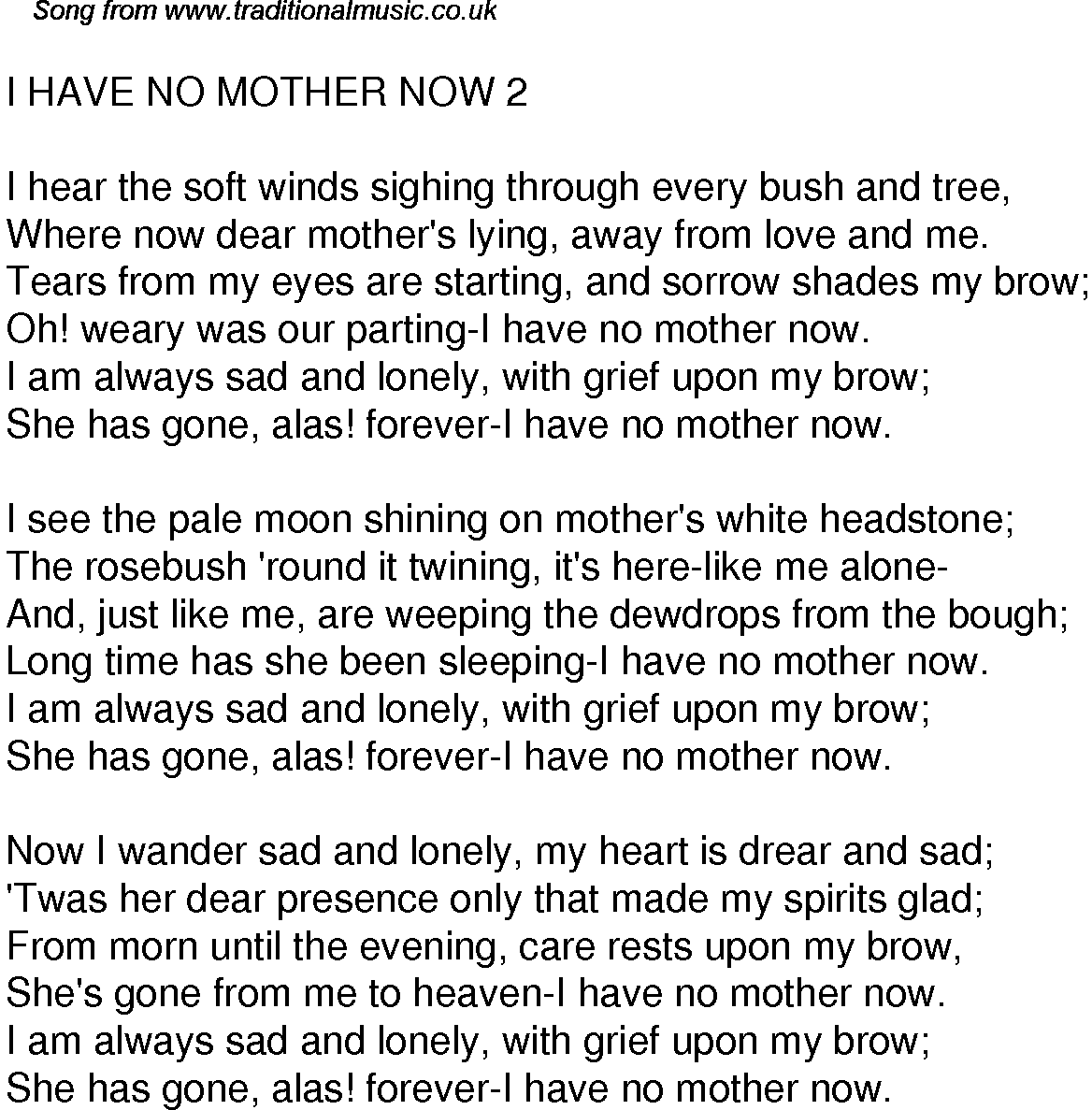 Old Time Song Lyrics For 39 I Have No Mother Now 2