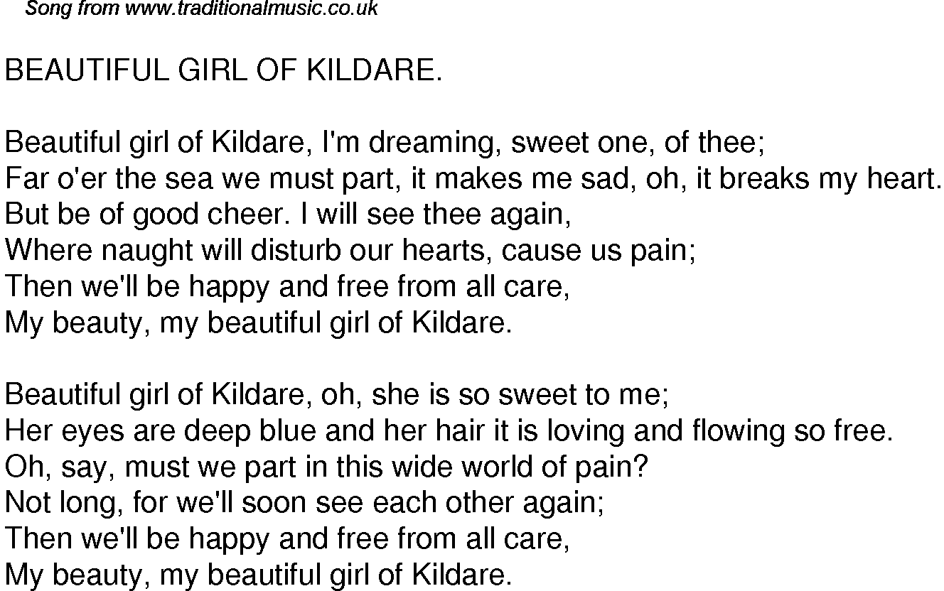 Old Time Song Lyrics for 43 Beautiful Girl Of Kildare