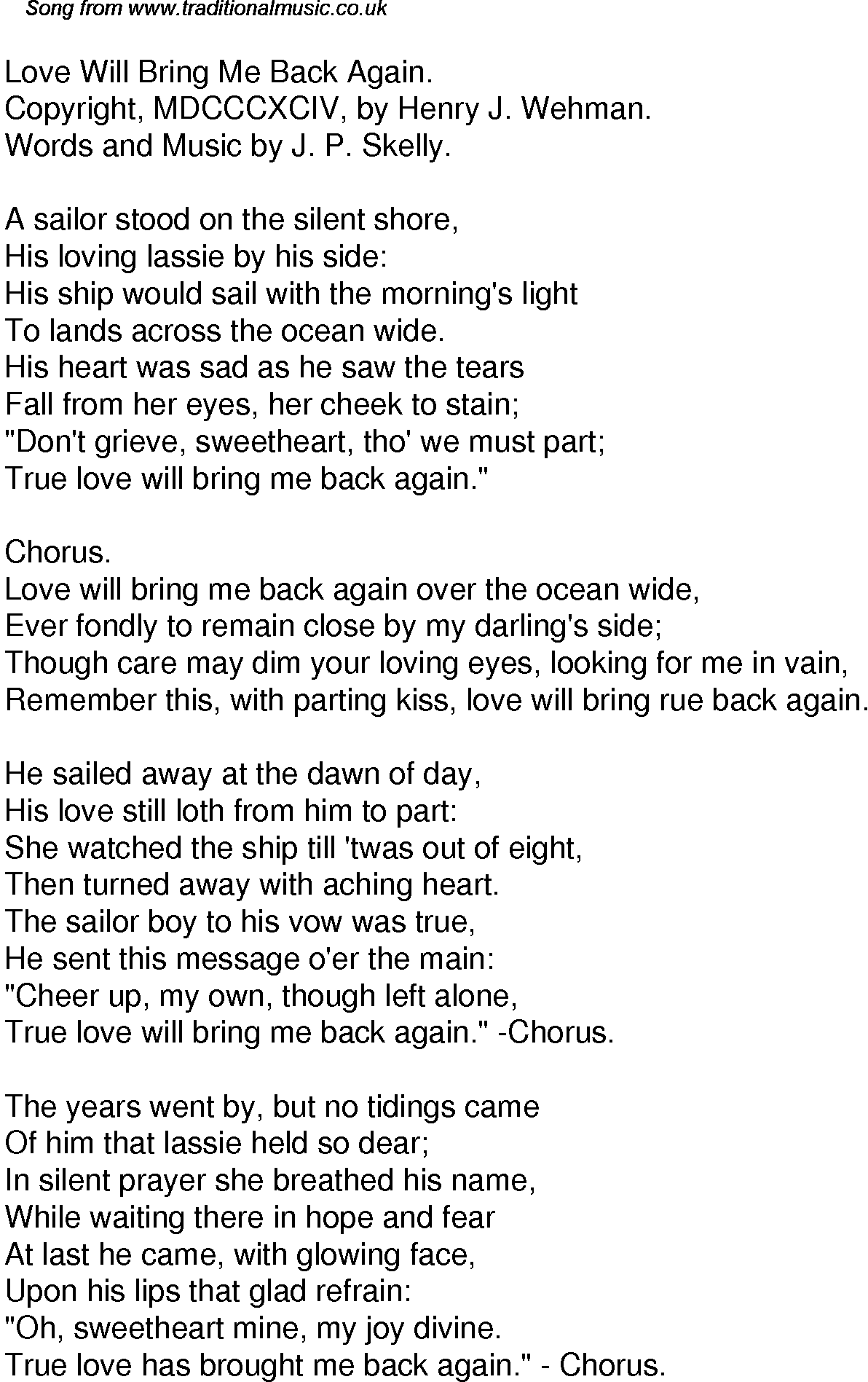 Marvel Illusion År Old Time Song Lyrics for 43 Love Will Bring Me Back Again