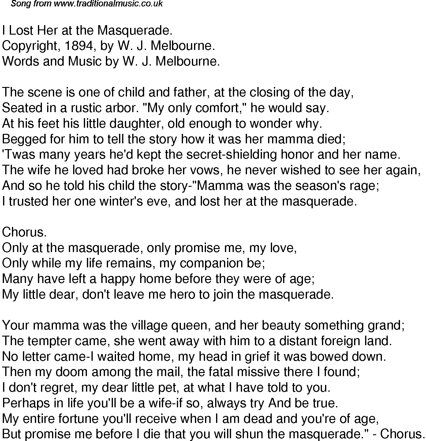 Old Time Song Lyrics for 44 I Lost Her At The Masquerade
