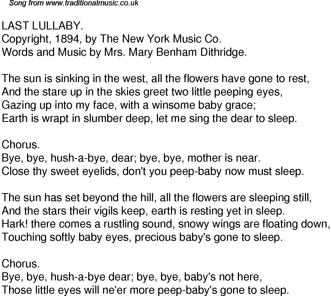 Old Time Song Lyrics For 44 Last Lullaby