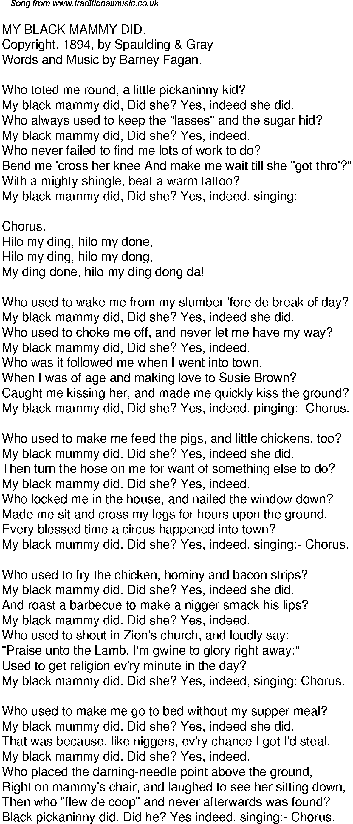 Old Time Song Lyrics For 45 My Black Mammy Did