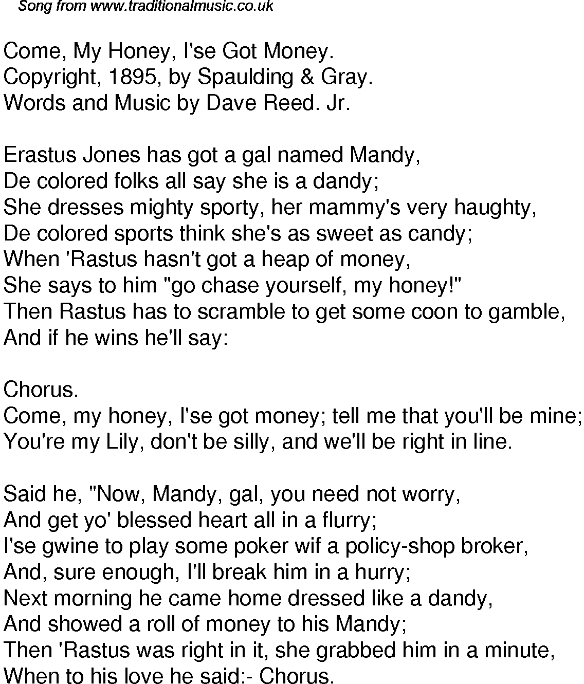 Old Time Song Lyrics for 49 Come My Honey Ise Got Money