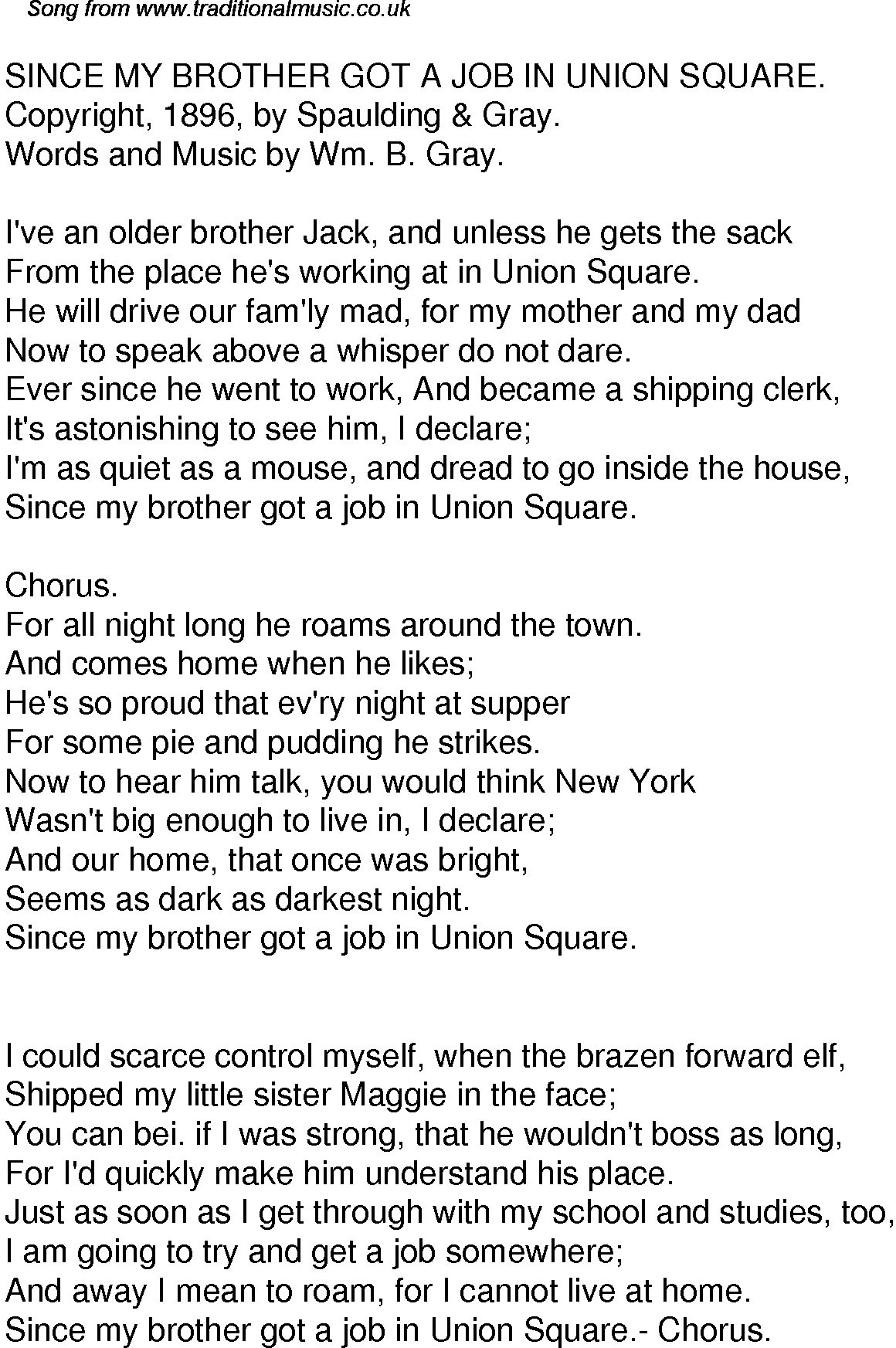 Old Time Song Lyrics For 50 Since My Brother Got A Job In Union Square