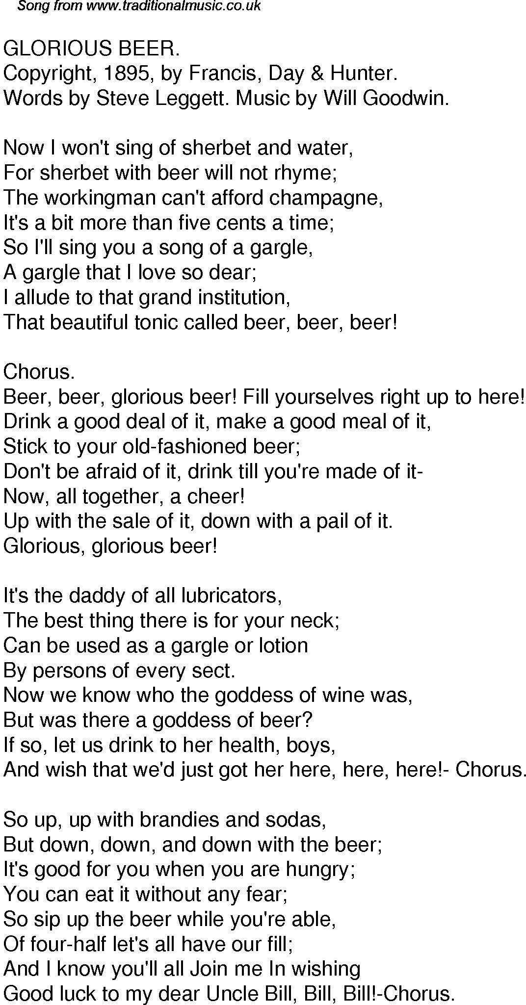 Old Time Song Lyrics For 51 Glorious Beer