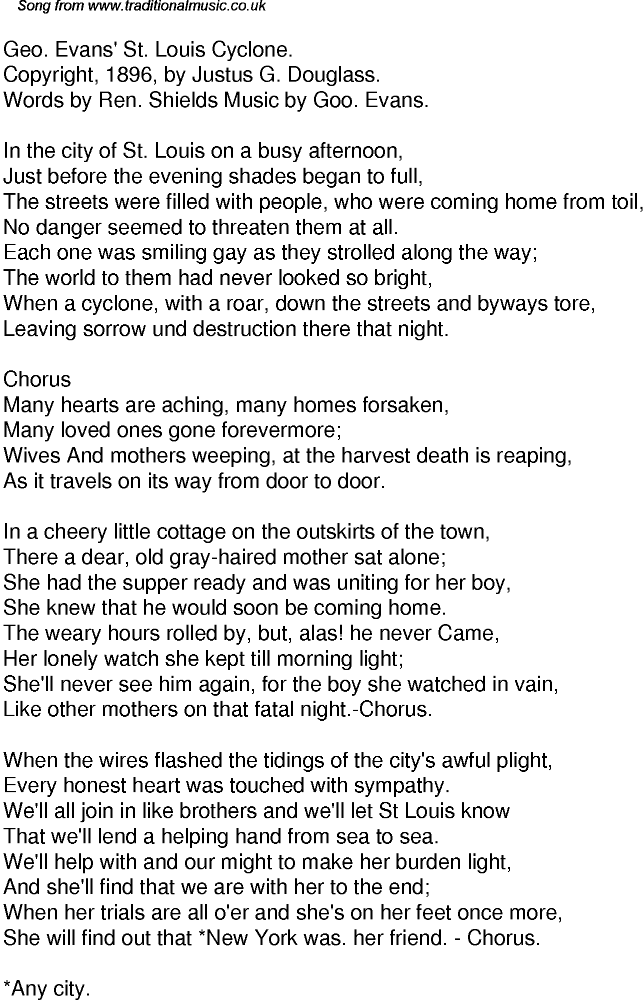 Old Time Song Lyrics for 52 Geo Evans St Louis Cyclone