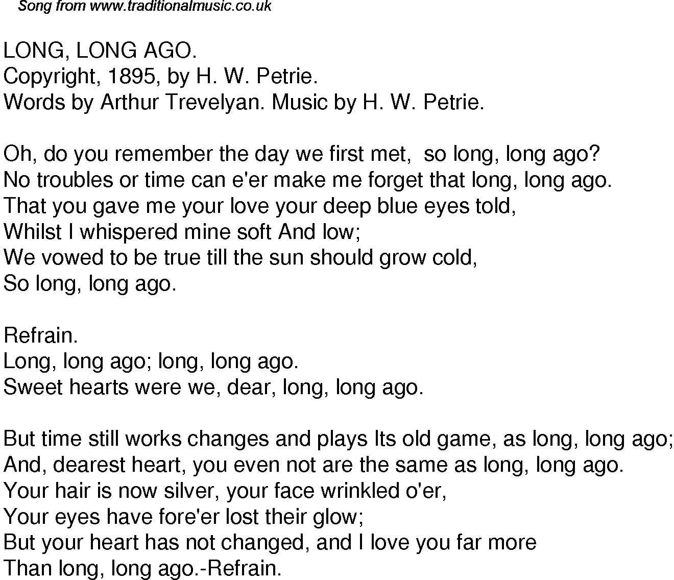 Old Time Song Lyrics For 52 Long Long Ago