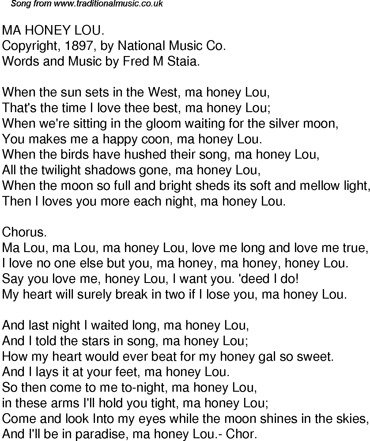 Old Time Song Lyrics For 60 Ma Honey Lou
