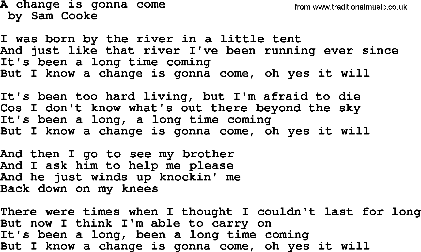Bruce Springsteen song: A Change Is Gonna Come lyrics