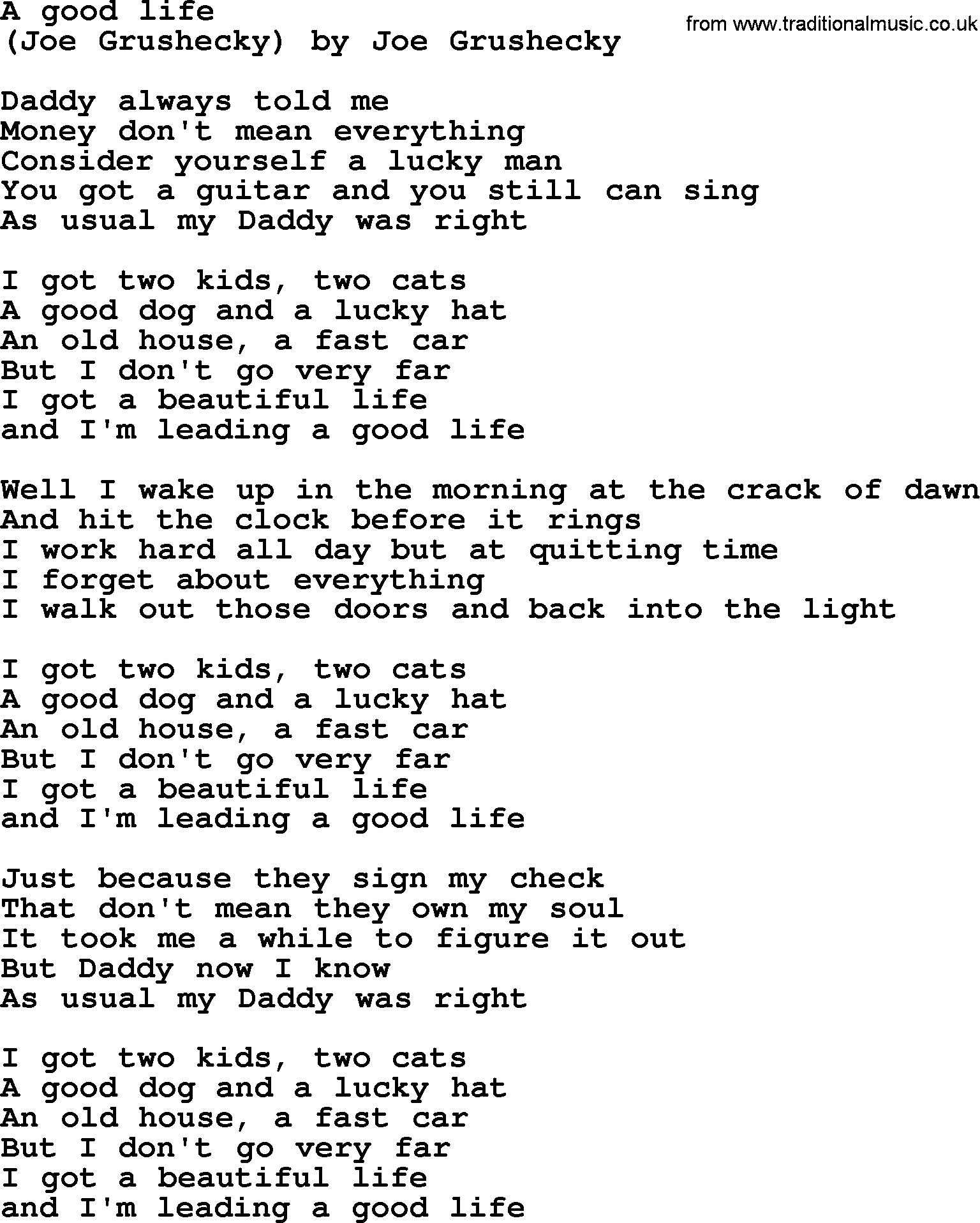 Bruce Springsteen song: A Good Life lyrics