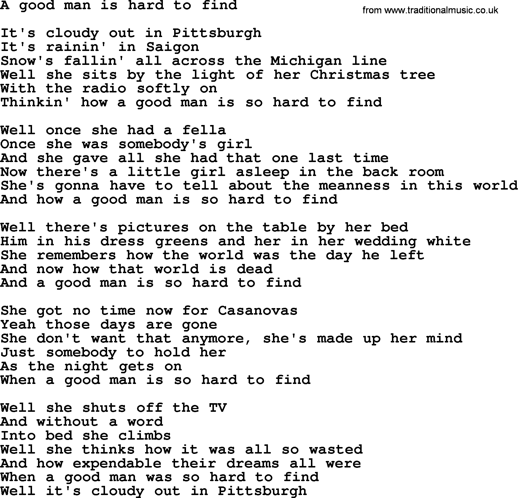 Bruce Springsteen song: A Good Man Is Hard To Find lyrics