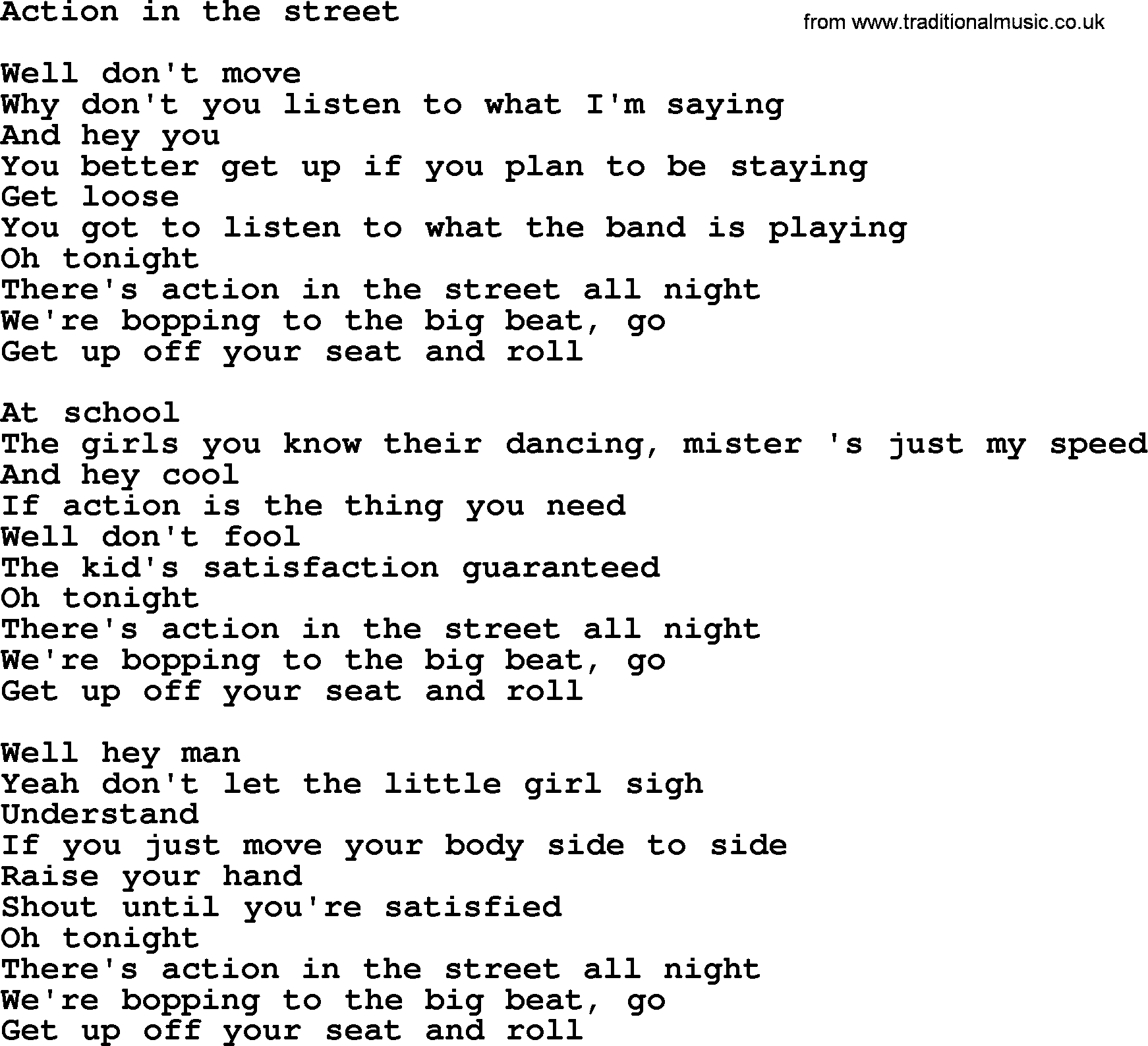 Bruce Springsteen song: Action In The Street lyrics