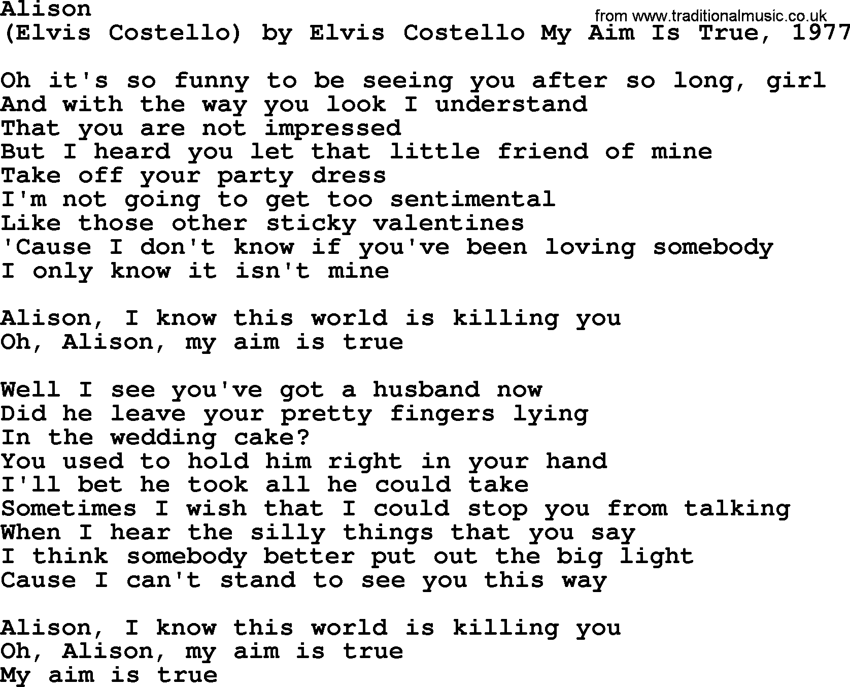 Bruce Springsteen song: Alison lyrics