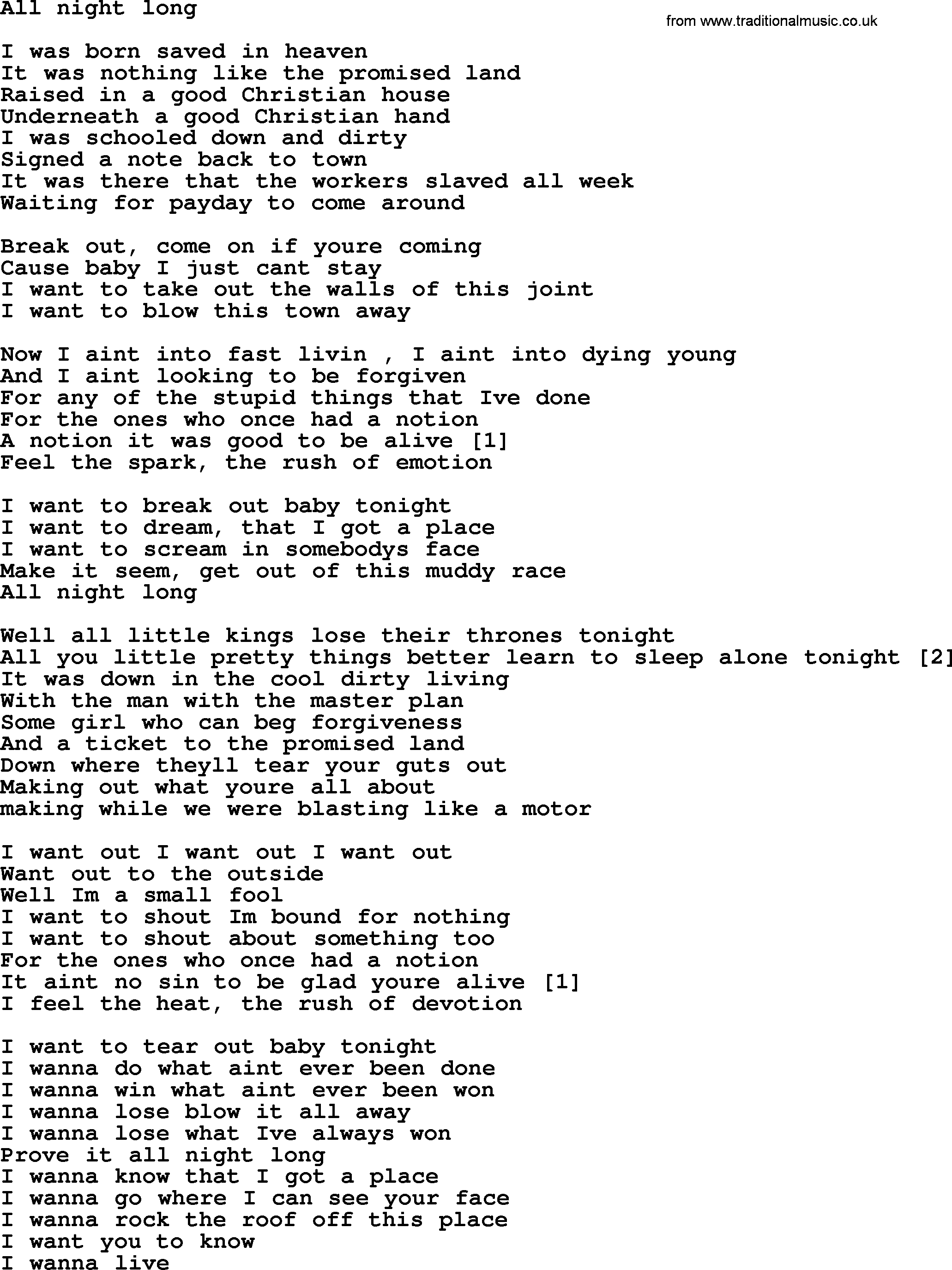 Bruce Springsteen song: All Night Long lyrics