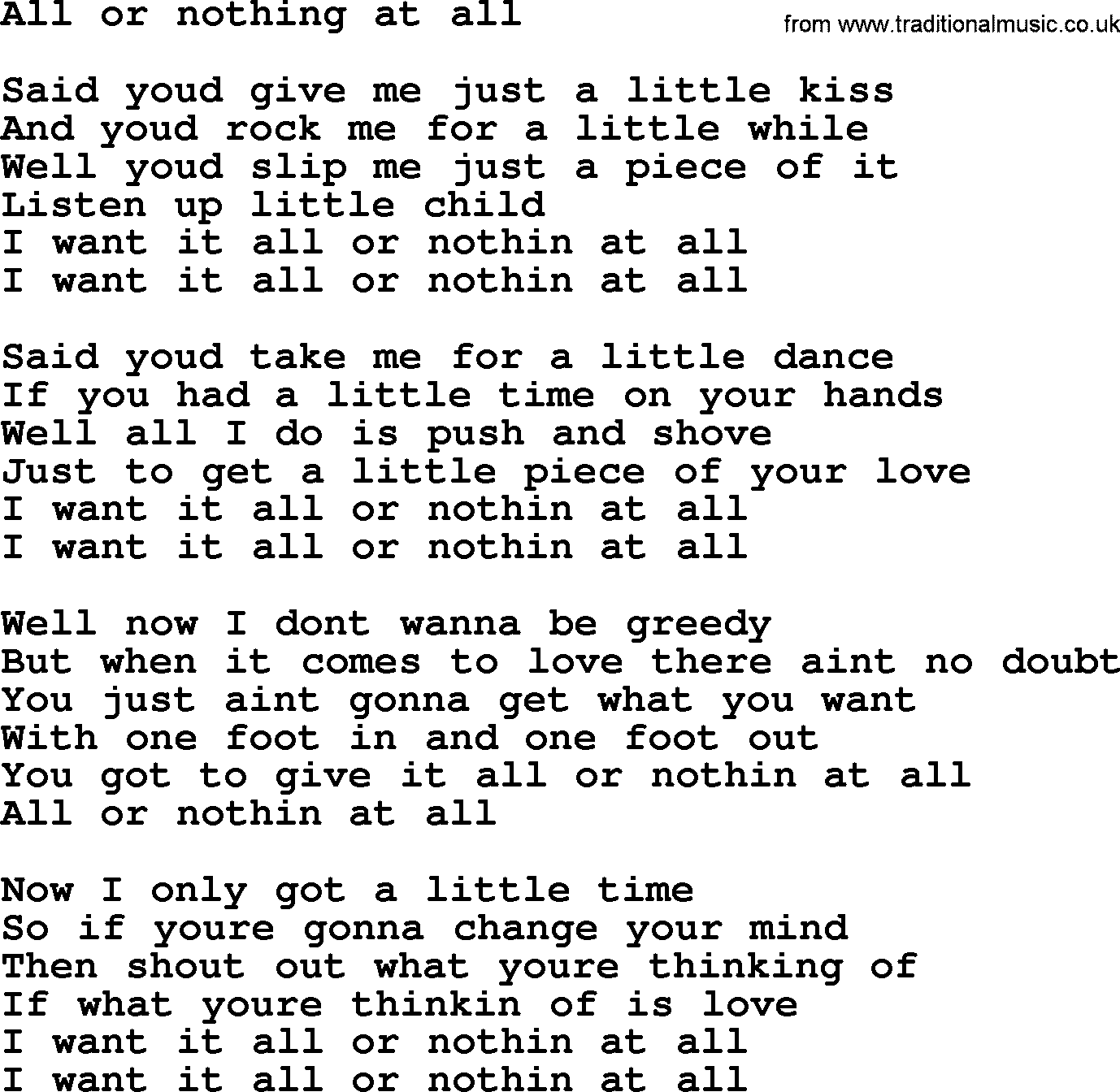 Bruce Springsteen song: All Or Nothing At All lyrics