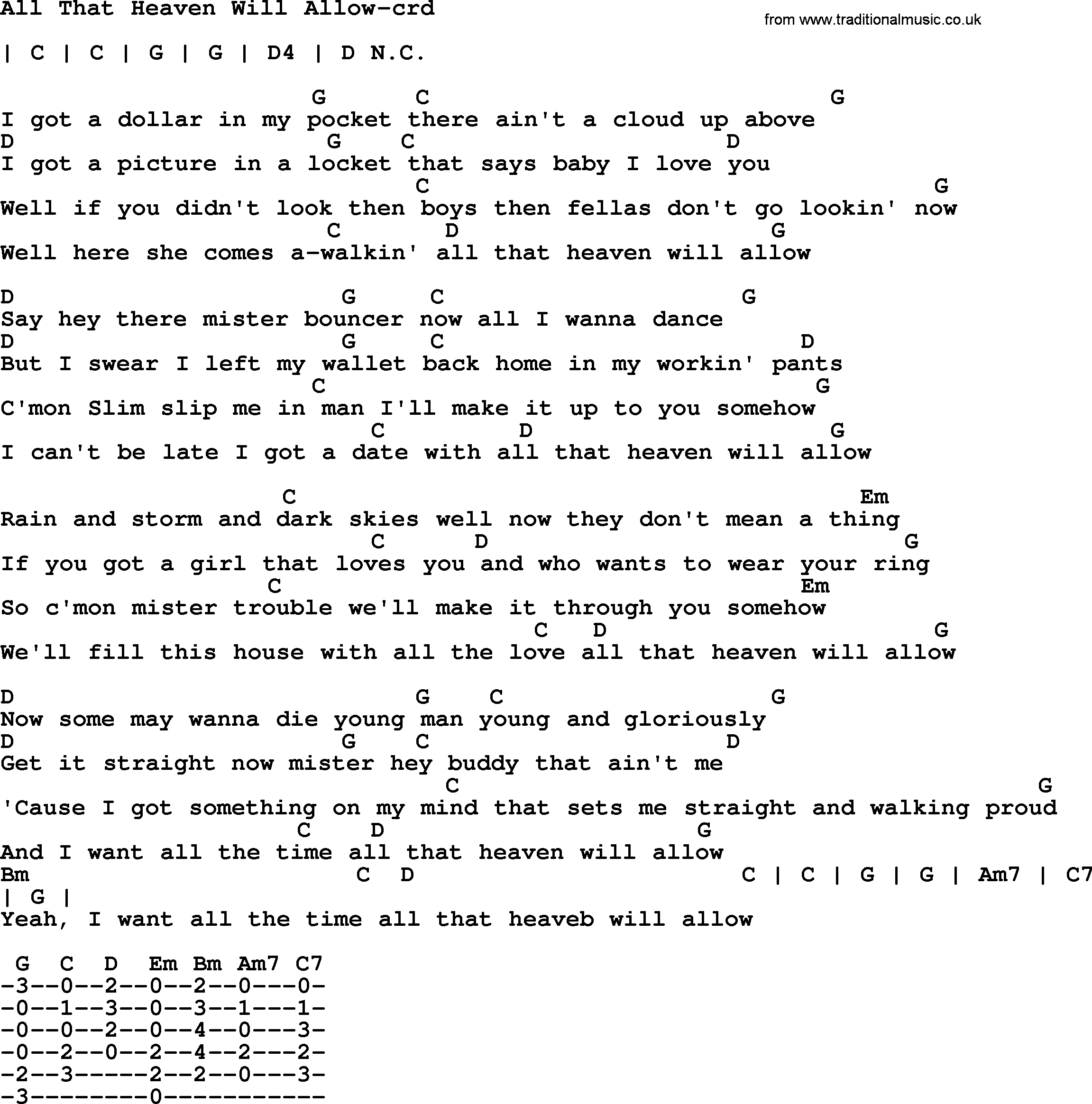 Bruce Springsteen song: All That Heaven Will Allow, lyrics and chords